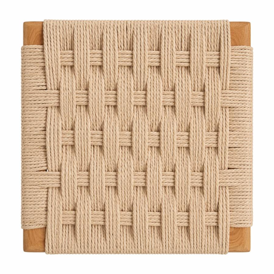 Siège en corde de papier danoise tissée en damier, tendue sur son cadre de bois.