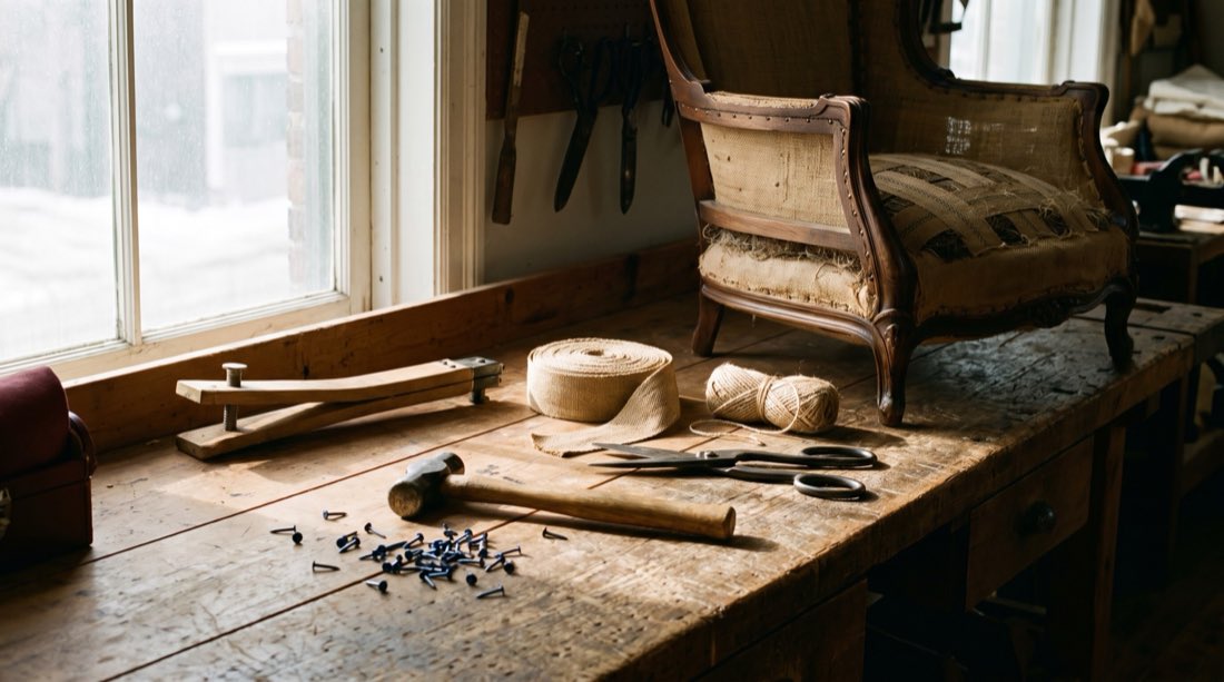 Établi de rembourreur : tendeur à sangles, jute, ficelle, semences, et une bergère à demi dégarnie.